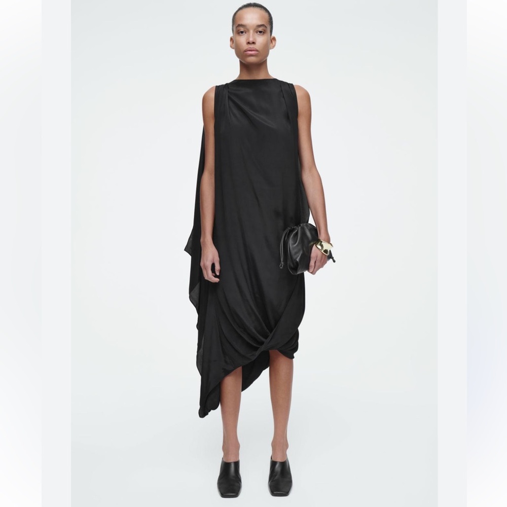 COS Black Draped Asymmetrical Midi Dress